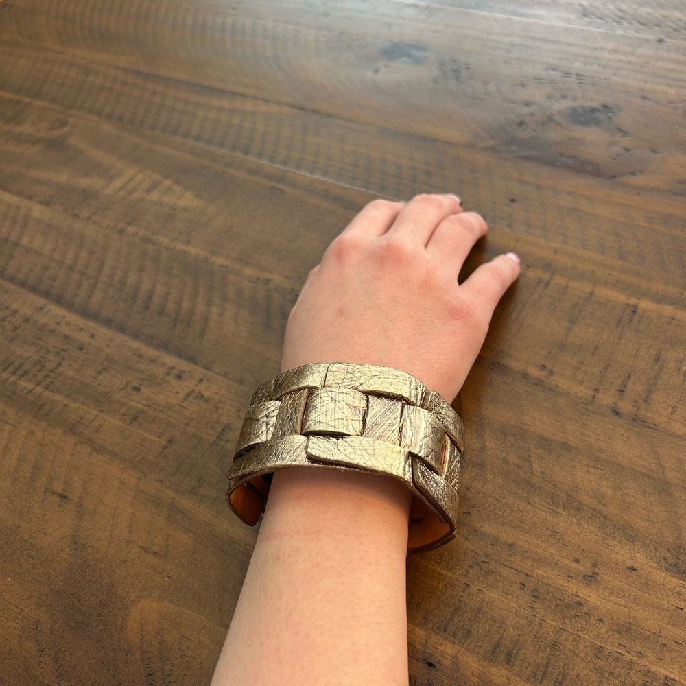 Brave Gold Leather Bracelet Cuff With Adjustable Buckle - Picture 2 of 5
